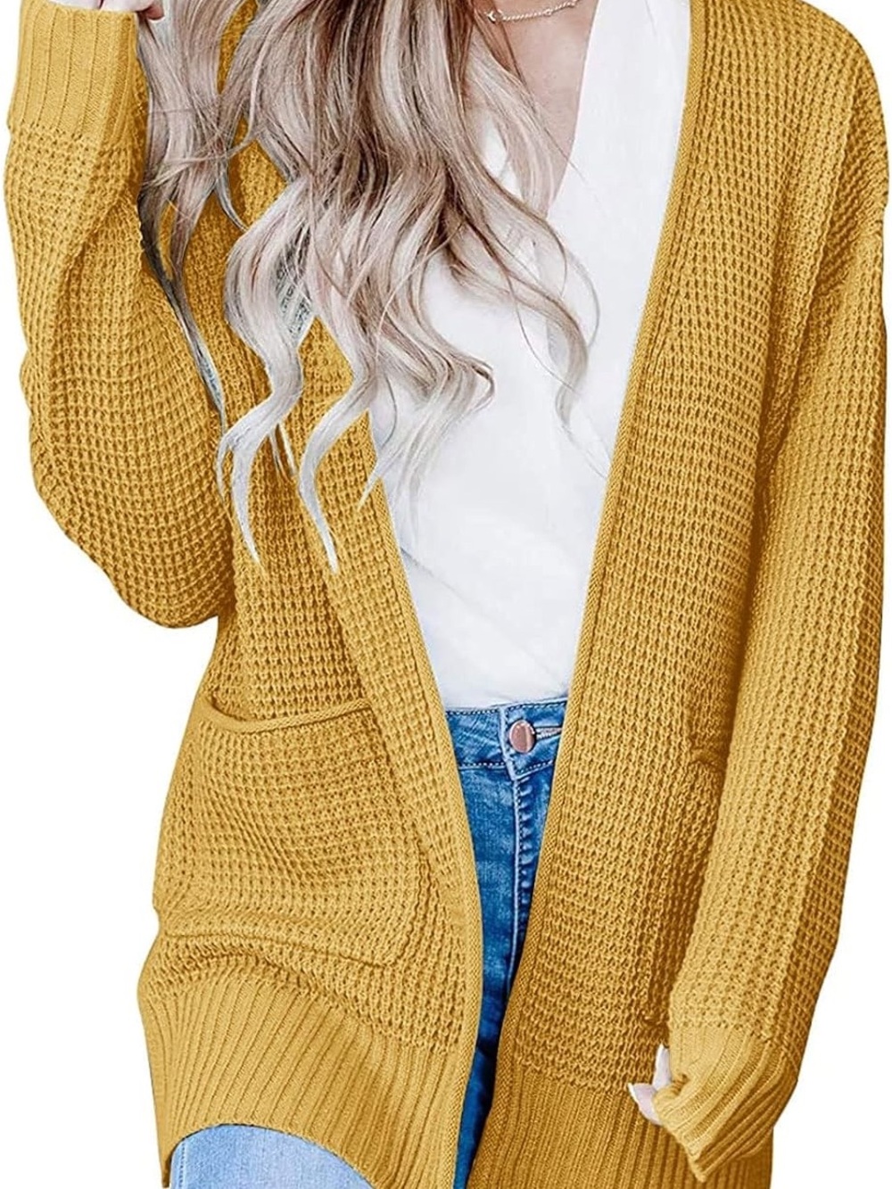 Streetwear Society Mustard Open-Front Waffle Knit Cardigan
